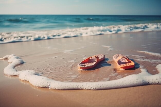 Un paio di pantofole rosa su una spiaggia con l'oceano sullo sfondo.