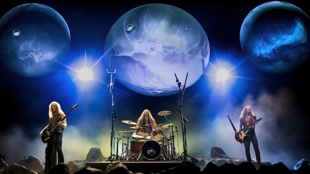Un paio di persone suonano strumenti su un palco con una grande luna sullo sfondo Generative AI Art