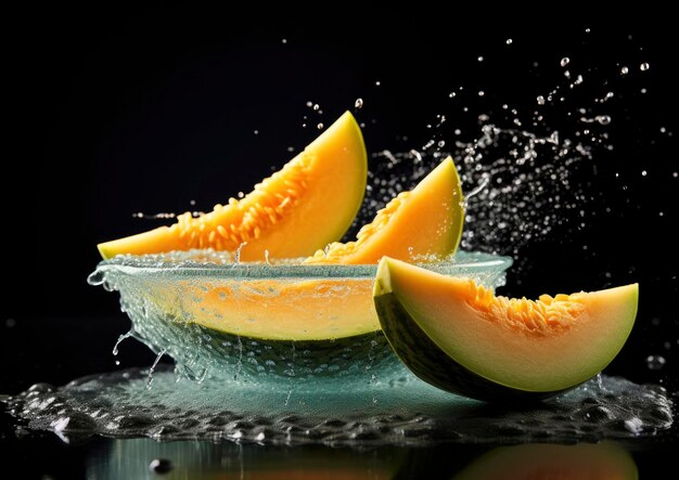 Un paio di pezzi di melone che cadono in una ciotola d'acqua