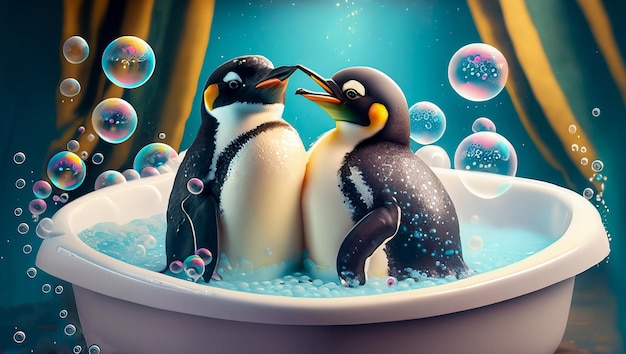 Un paio di pinguini in una vasca da bagno con bolle di sapone giocosi animali felici generativi Ai