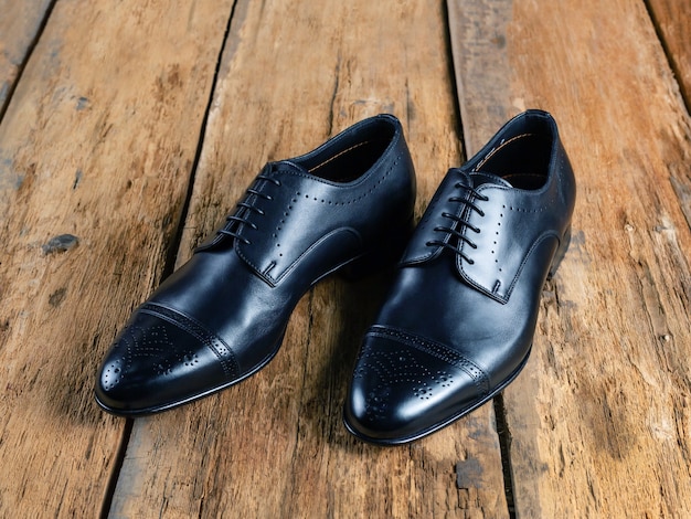 Un paio di scarpe classiche in pelle nera giacciono su vecchie tavole, vista laterale. Avvicinamento. Messa a fuoco selettiva