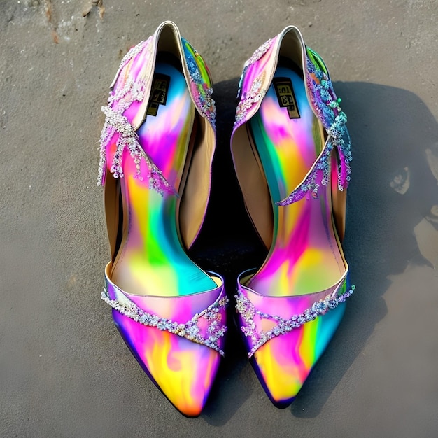 Un paio di scarpe color arcobaleno sono su una superficie di cemento.