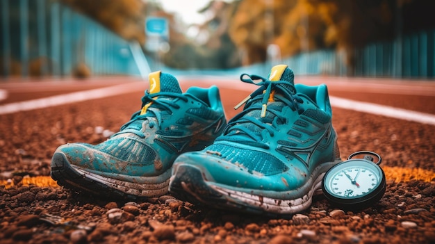 Un paio di scarpe da corsa su una pista con un cronometro e una bottiglia d'acqua