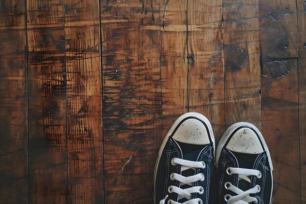 un paio di scarpe da ginnastica bianche e nere su un pavimento di legno