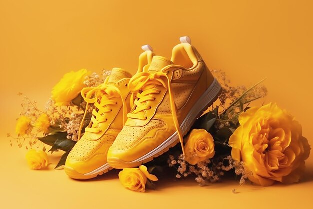 Un paio di scarpe da ginnastica casuali su fiori su sfondo giallo create con la tecnologia Generative AI