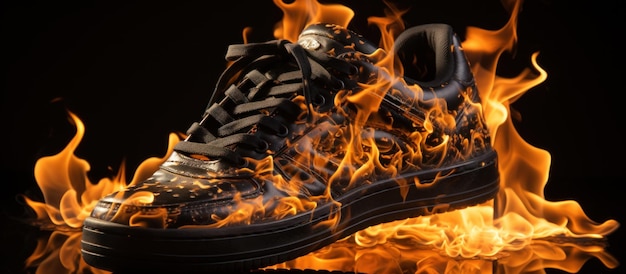 Un paio di scarpe da trekking su uno sfondo nero con fiamme di fuoco