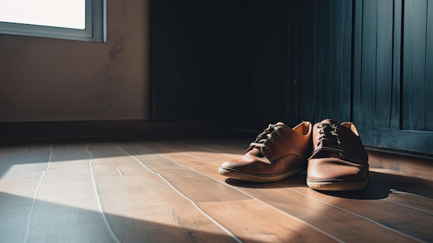 Un paio di scarpe da uomo su un pavimento di legno