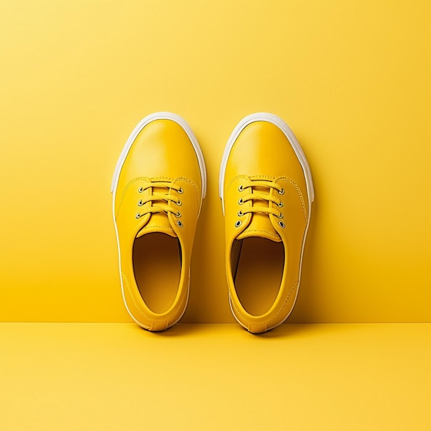 un paio di scarpe gialle con i lacci bianchi.