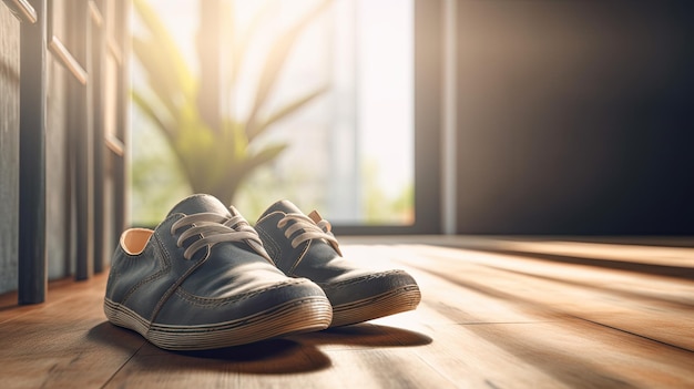 Un paio di scarpe su un pavimento di legno davanti a una finestra