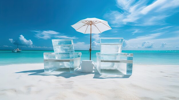 Un paio di sedie da letto su ghiaccio sulla spiaggia concetto rinfrescante Vacanza sulla costa calda con sedie fredde generata da AI