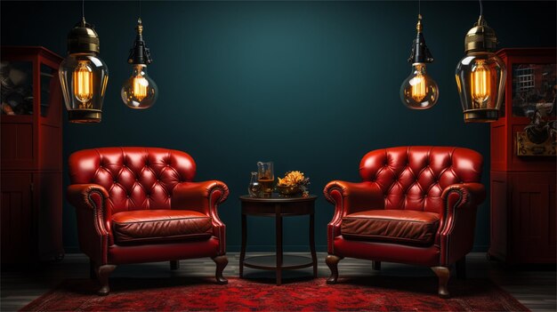 Un paio di sedie di pelle rossa con un tavolo e un tavolo con una lampada sulla parete.