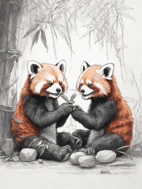 Un paio di simpatici panda rossi che condividono uno spuntino di bambù