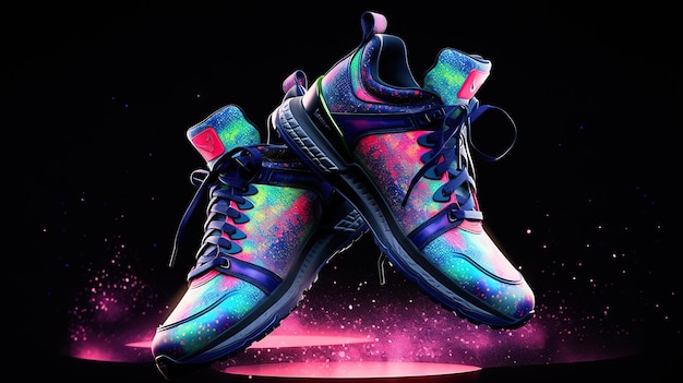 Un paio di sneakers con un motivo arcobaleno fluo sul fondo.