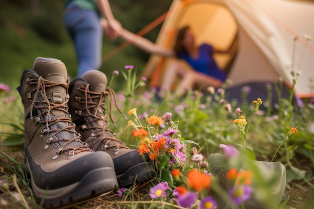 Un paio di stivali da trekking con fiori una coppia che si tiene per mano nella tenda