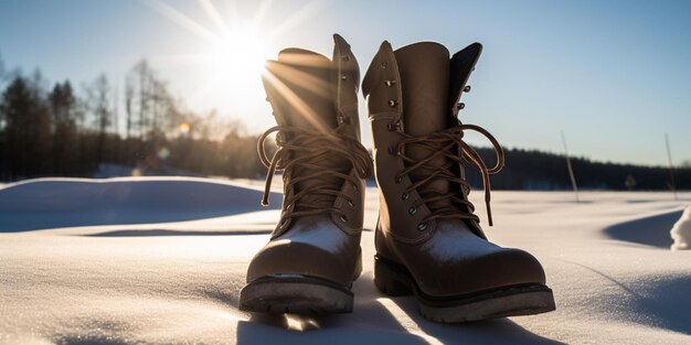 Un paio di stivali nella neve con il sole che splende su di loro.