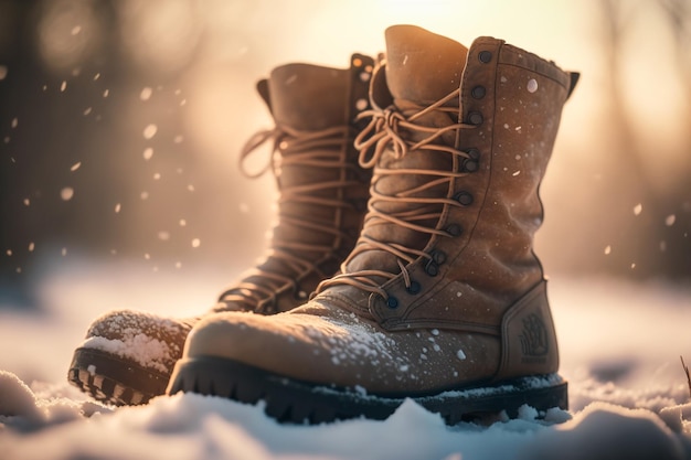 Un paio di stivali timberland marroni sono in piedi nella neve.