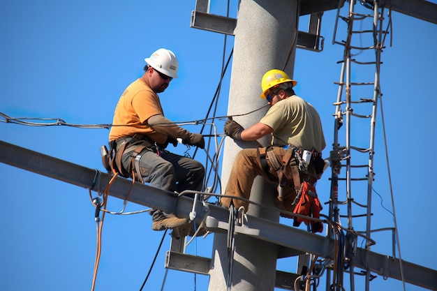 Un paio di uomini che lavorano su un palo generativo ai lavoratori della linea elettrica dell'immagine