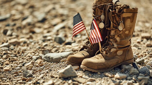 Un paio di vecchi stivali da combattimento militari accompagnati da targhe per cani e due piccole bandiere americane