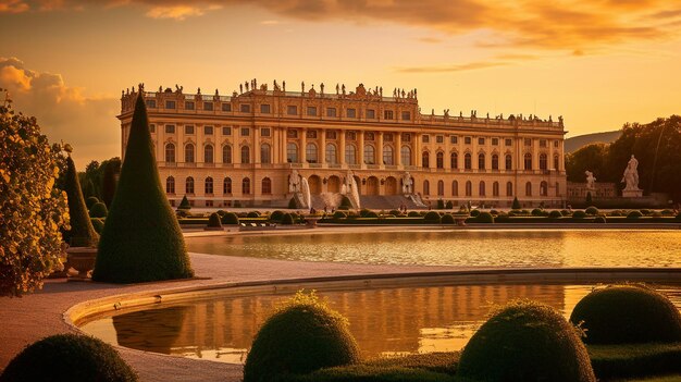 un palazzo con una fontana di fronte