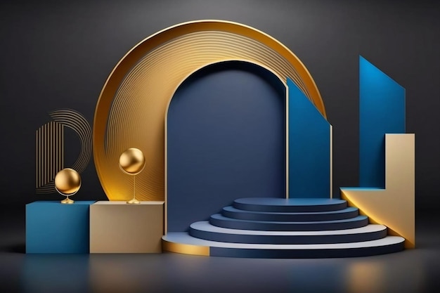 Un palco 3d con un podio blu e oro e un anello d'oro con sopra il numero 3.