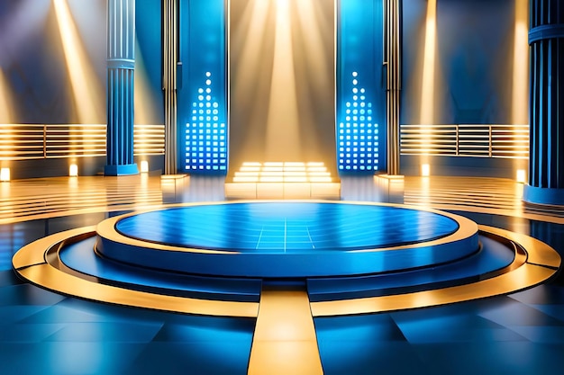 Un palco blu con un palco blu e un palco blu con un palco bianco e un palco blu con un palco bianco e un set di luci.