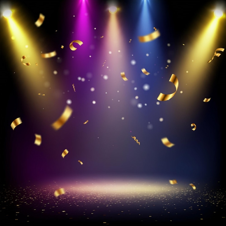 Foto un palco con confetti gialli e uno sfondo viola con confetti
