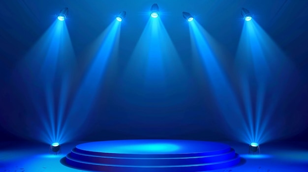 Un palco con luci blu e un podio