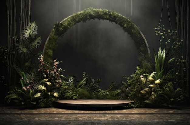 Un palco con un cerchio di piante e un grande cerchio di piante.