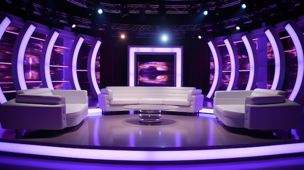 un palco con un divano e un tavolo con uno schermo TV sullo sfondo.