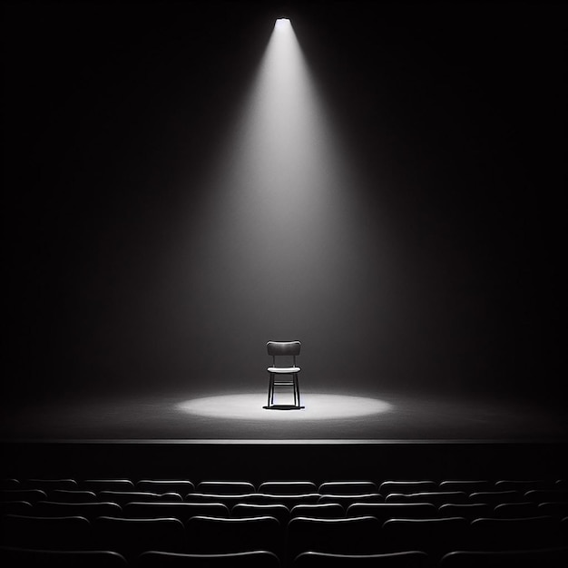 un palco con un spotlight su di esso e una sedia sul palco
