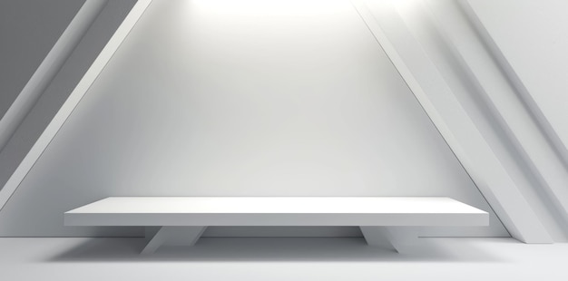 Un palco moderno con un tocco futuristico con una leggera illuminazione bianca e uno scaffale di legno su uno sfondo bianco