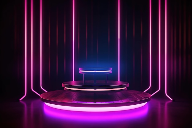 Un palco rosa e viola con sopra una sedia.