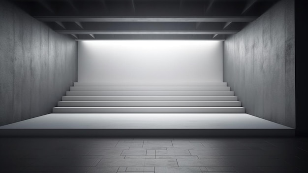 Un palco vuoto con una parete bianca e una luce sopra.