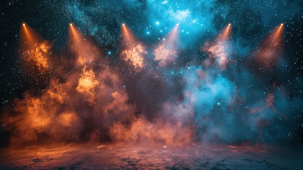 Un palco vuoto illuminato da proiettori con stelle e fumo