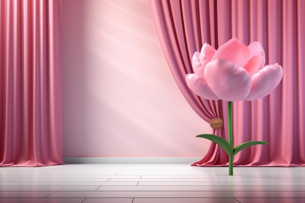 Un palcoscenico 3d con una tenda rosa e un fiore rosa