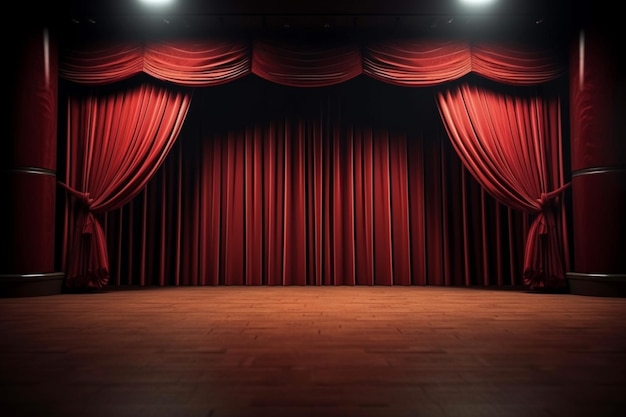 Un palcoscenico con tende rosse e una luce bianca sopra