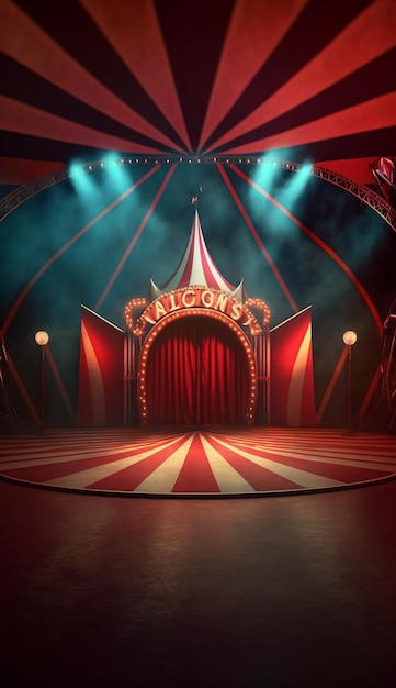 Un palcoscenico da circo con un sipario rosso e bianco con su scritto "falco".