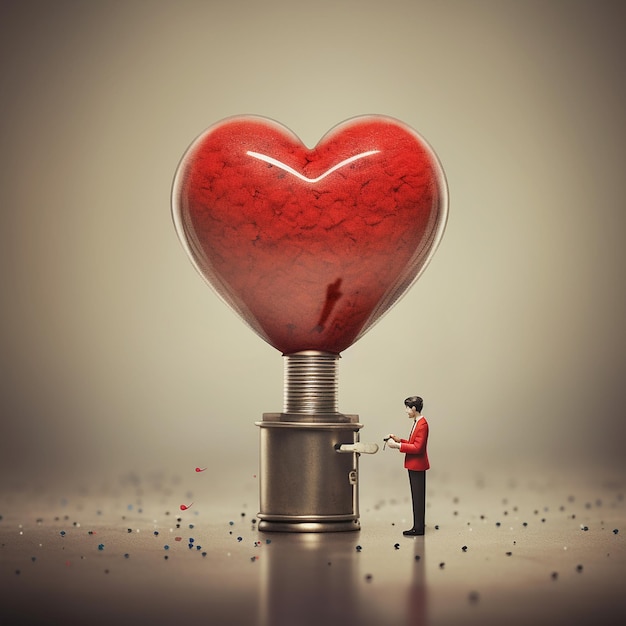 un palloncino a forma di cuore con un uomo che tiene un martello e un oggetto a forma di cuore sullo sfondo.