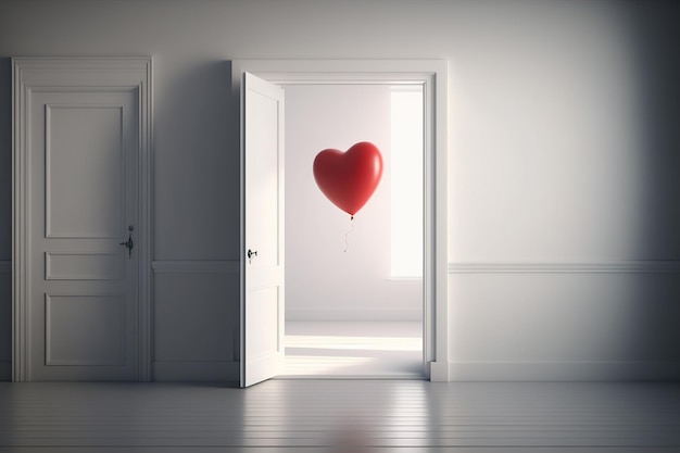 Un palloncino a forma di cuore vola fuori da una porta aperta generativa AI