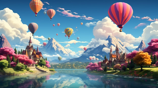 un palloncino colorato vola nel cielo in stile illustrazione moderna