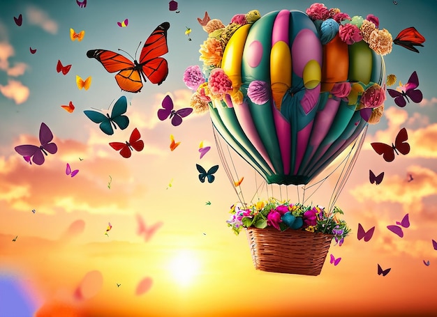 Un palloncino con sopra una farfalla sta volando nel cielo.