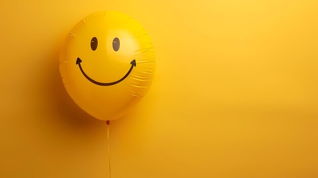 Un palloncino giallo brillante con una faccia sorridente galleggia su uno sfondo giallo