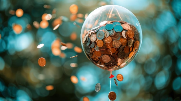 Un palloncino gonfiato con monete e banconote che simboleggia la natura in espansione della ricchezza investita
