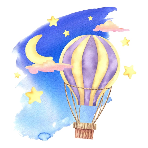 Un palloncino nel cielo con stelle e nuvole Illustrazione ad acquerello su sfondo isolato Un viaggio attraverso il cielo Stanza dei bambini