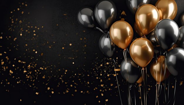 Un palloncino nero e oro con palloncini neri e oro che galleggiano nell'aria