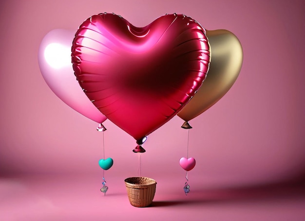 Un palloncino rosa a forma di cuore con un piccolo secchio e un palloncino rosa a forma di cuore con sopra la parola amore.