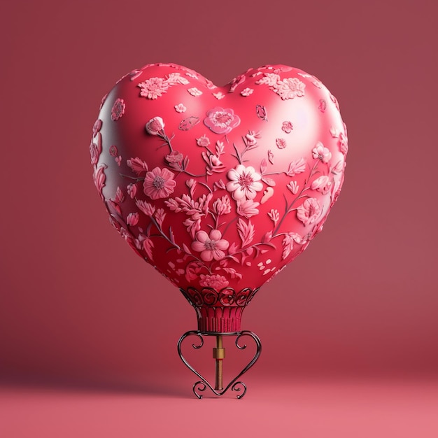 Un palloncino rosso a forma di cuore con fiori e una croce sopra.