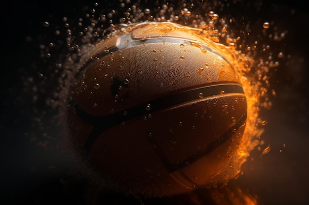 Un pallone da basket è circondato da acqua e bolle d'aria.