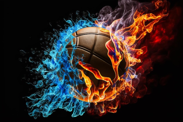Un pallone da basket è circondato dalle fiamme e la parola basket è sullo sfondo nero.