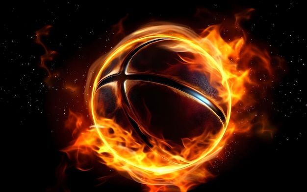 Un pallone da basket è in fiamme con le fiamme e la parola basket su di esso.